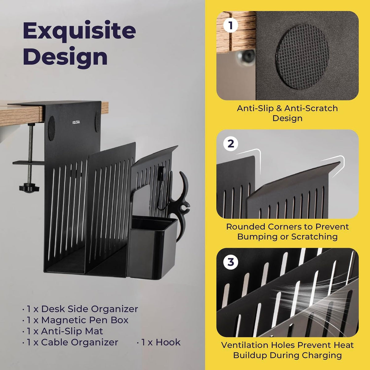 Side Storage, Under Laptop Holder, No Drill Organizer with Magnetic Pen Box, Cable Clamp, Hanging Organizer, Desk Mount File Holder for Office and Home, 2 Tier Black