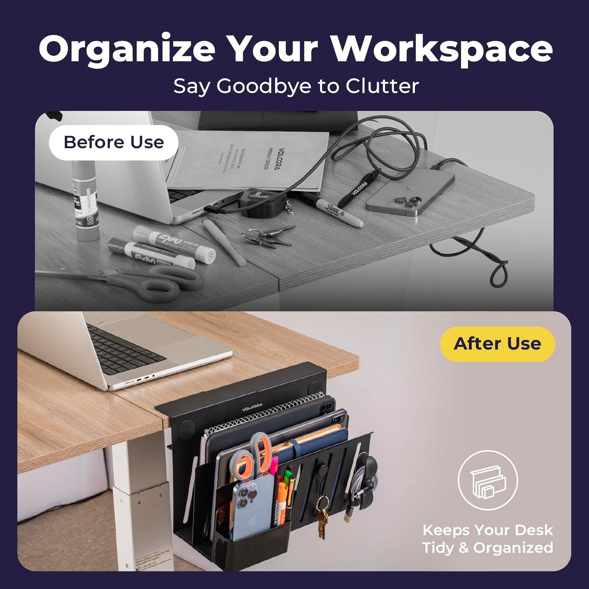 Side Storage, Under Laptop Holder, No Drill Organizer with Magnetic Pen Box, Cable Clamp, Hanging Organizer, Desk Mount File Holder for Office and Home, 2 Tier Black