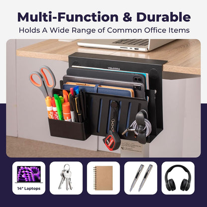 Side Storage, Under Laptop Holder, No Drill Organizer with Magnetic Pen Box, Cable Clamp, Hanging Organizer, Desk Mount File Holder for Office and Home, 2 Tier Black