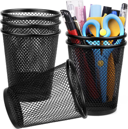 Mesh Pencil Holder for Desk 6 Pack, Metal Pen Cup Black