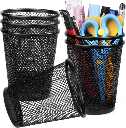 Mesh Pencil Holder for Desk 6 Pack, Metal Pen Cup Black