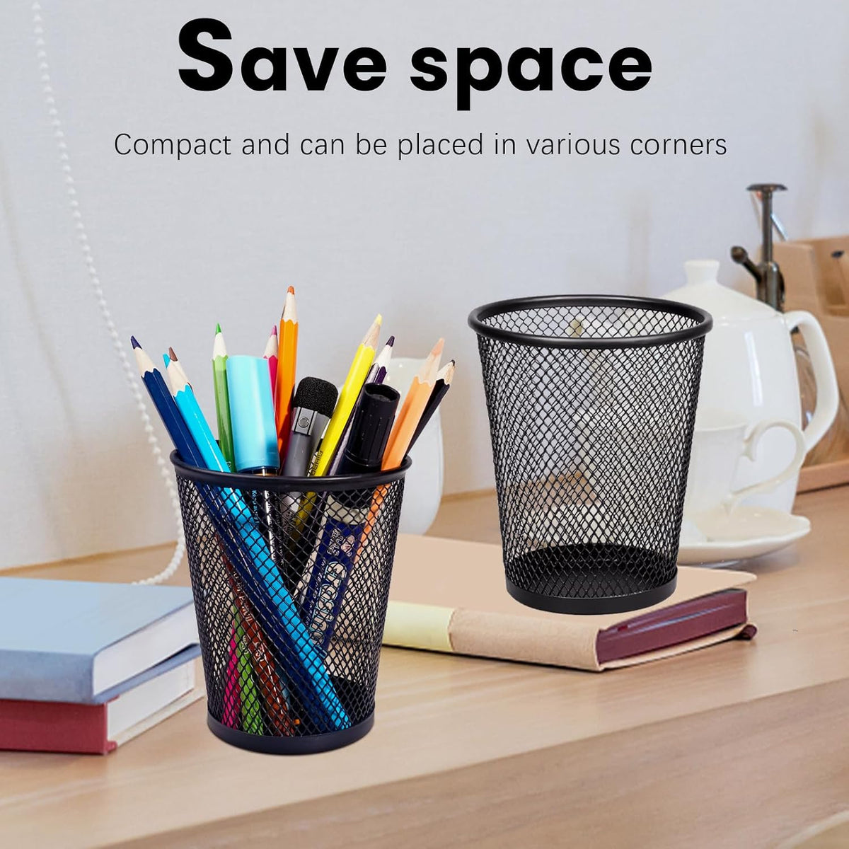 Mesh Pencil Holder for Desk 6 Pack, Metal Pen Cup Black