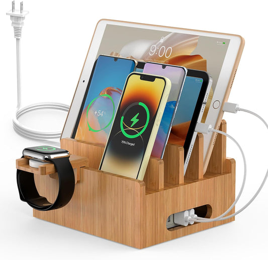 Bamboo Charging Stations with 5 Port USB Charger & 5 Cables