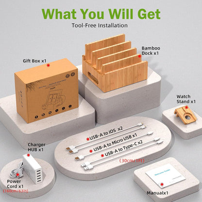 Bamboo Charging Stations with 5 Port USB Charger & 5 Cables