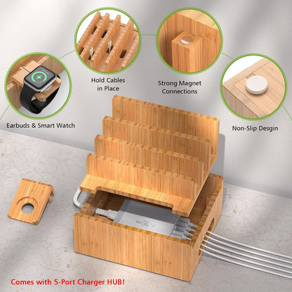 Bamboo Charging Stations with 5 Port USB Charger & 5 Cables