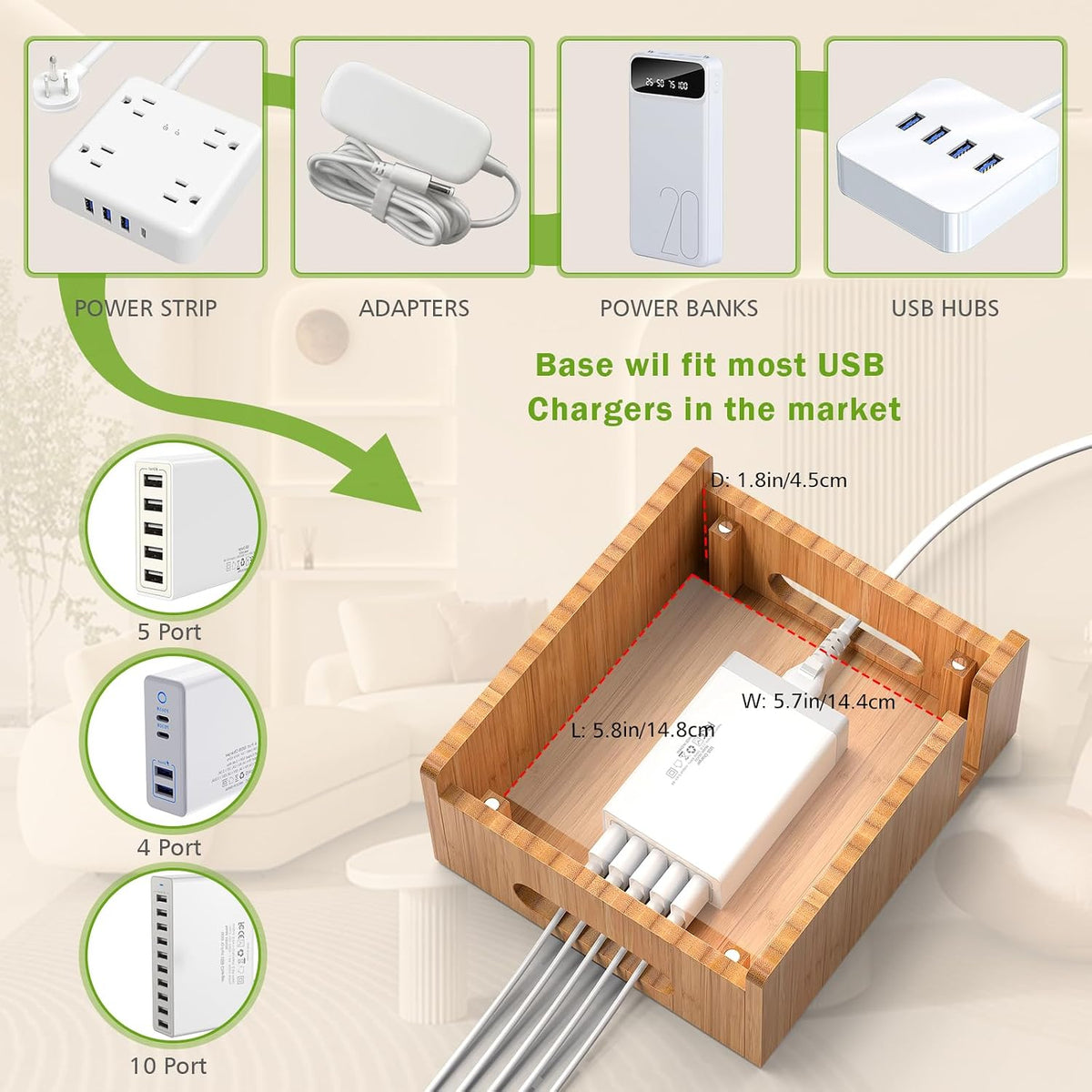 Bamboo Charging Stations with 5 Port USB Charger & 5 Cables