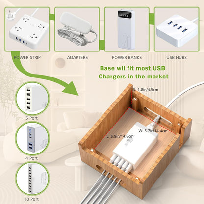 Bamboo Charging Stations with 5 Port USB Charger & 5 Cables
