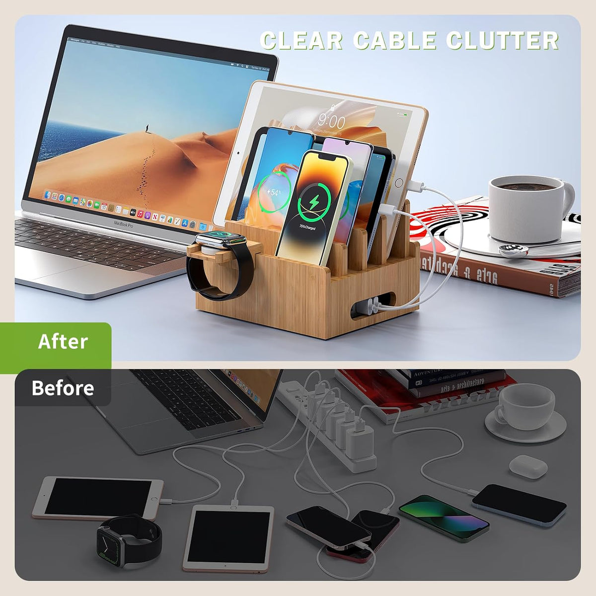 Bamboo Charging Stations with 5 Port USB Charger & 5 Cables
