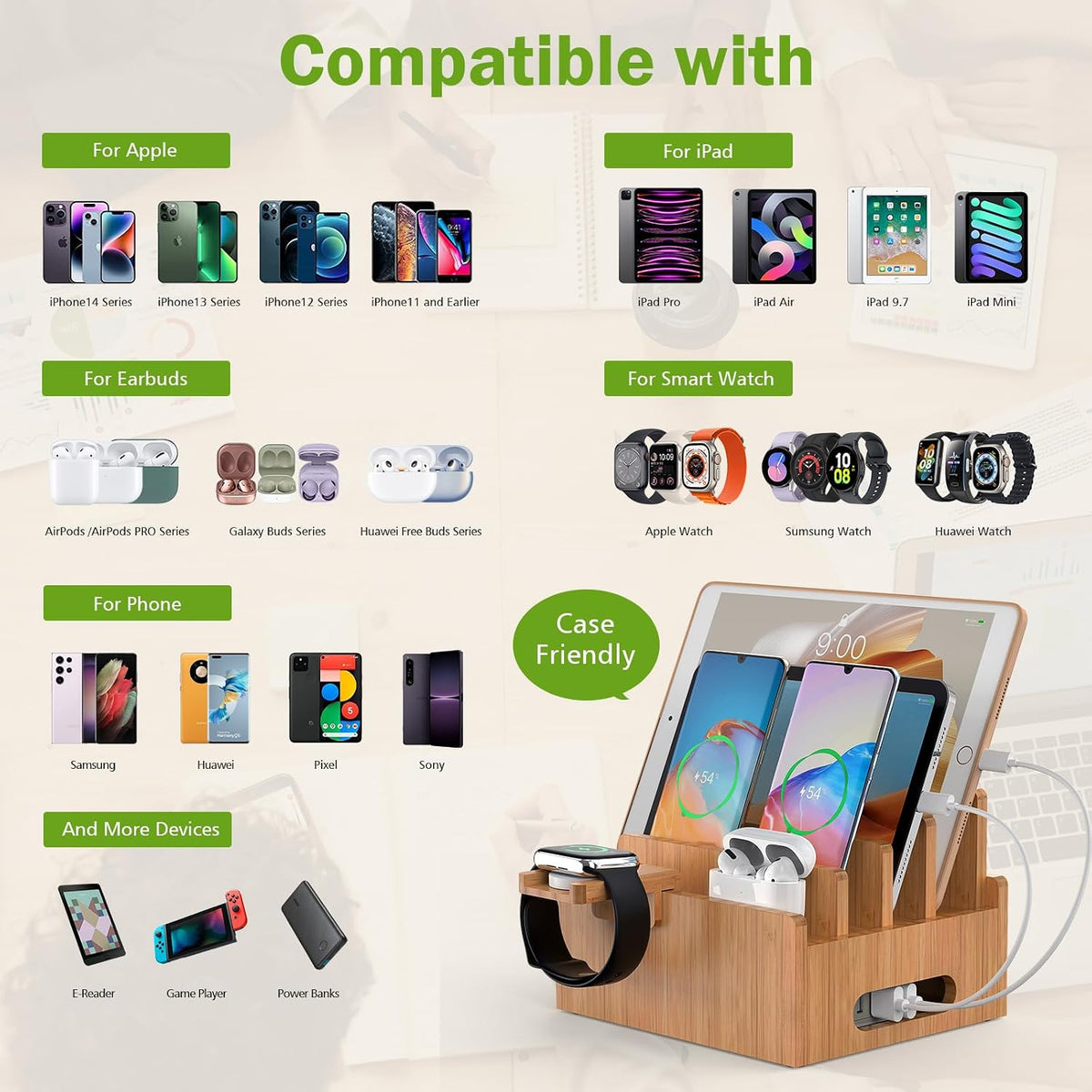 Bamboo Charging Stations with 5 Port USB Charger & 5 Cables