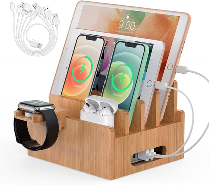 Bamboo Charging Stations with 5 Port USB Charger & 5 Cables