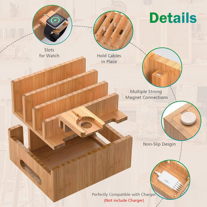 Bamboo Charging Stations with 5 Port USB Charger & 5 Cables