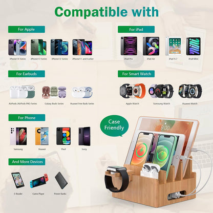 Bamboo Charging Stations with 5 Port USB Charger & 5 Cables