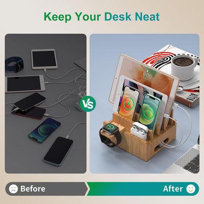 Bamboo Charging Stations with 5 Port USB Charger & 5 Cables