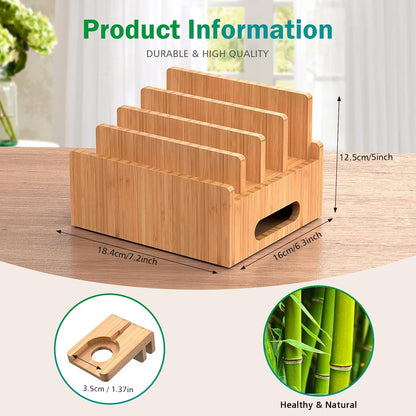 Bamboo Charging Stations with 5 Port USB Charger & 5 Cables