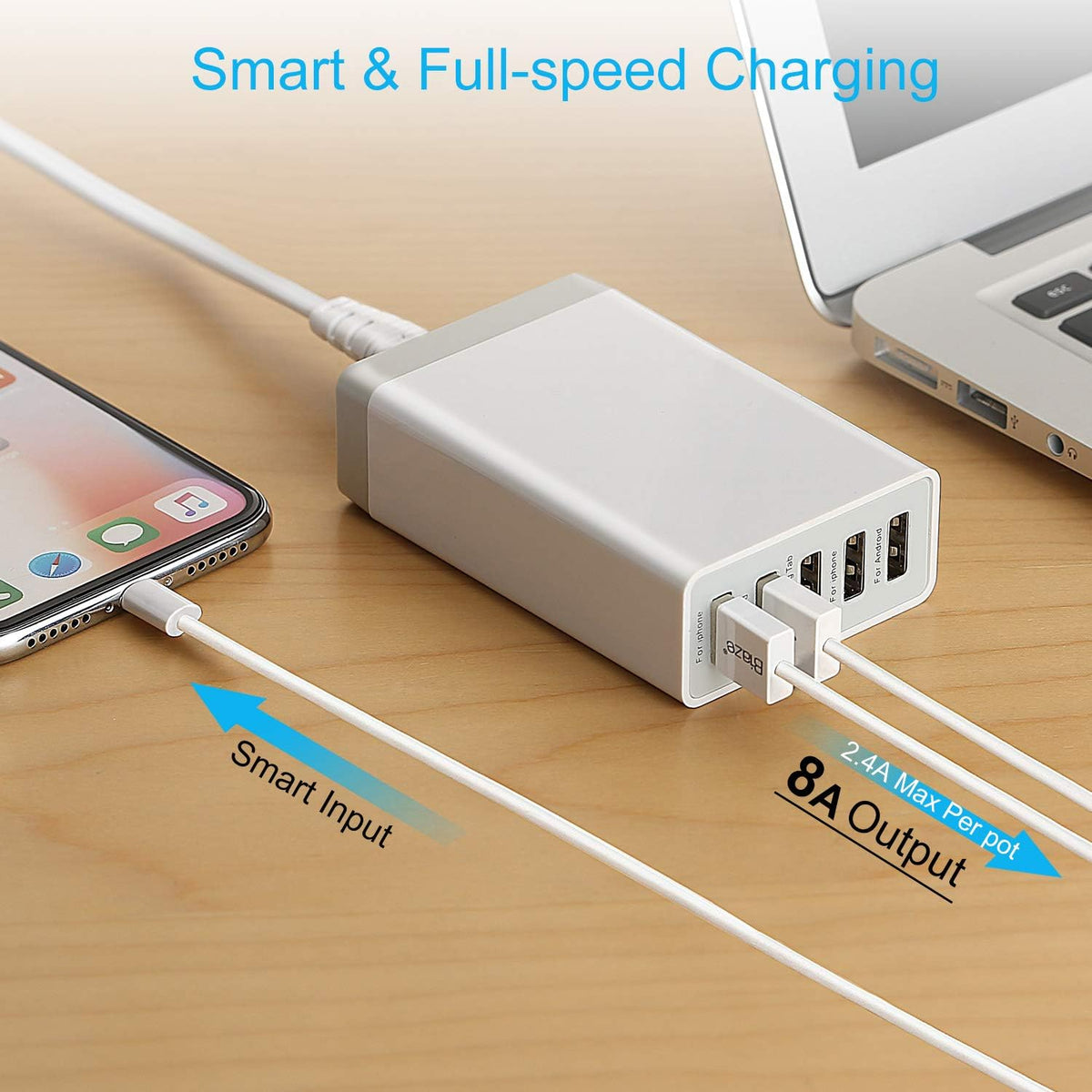 Bamboo Charging Stations with 5 Port USB Charger & 5 Cables