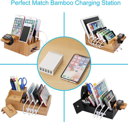 Bamboo Charging Stations with 5 Port USB Charger & 5 Cables