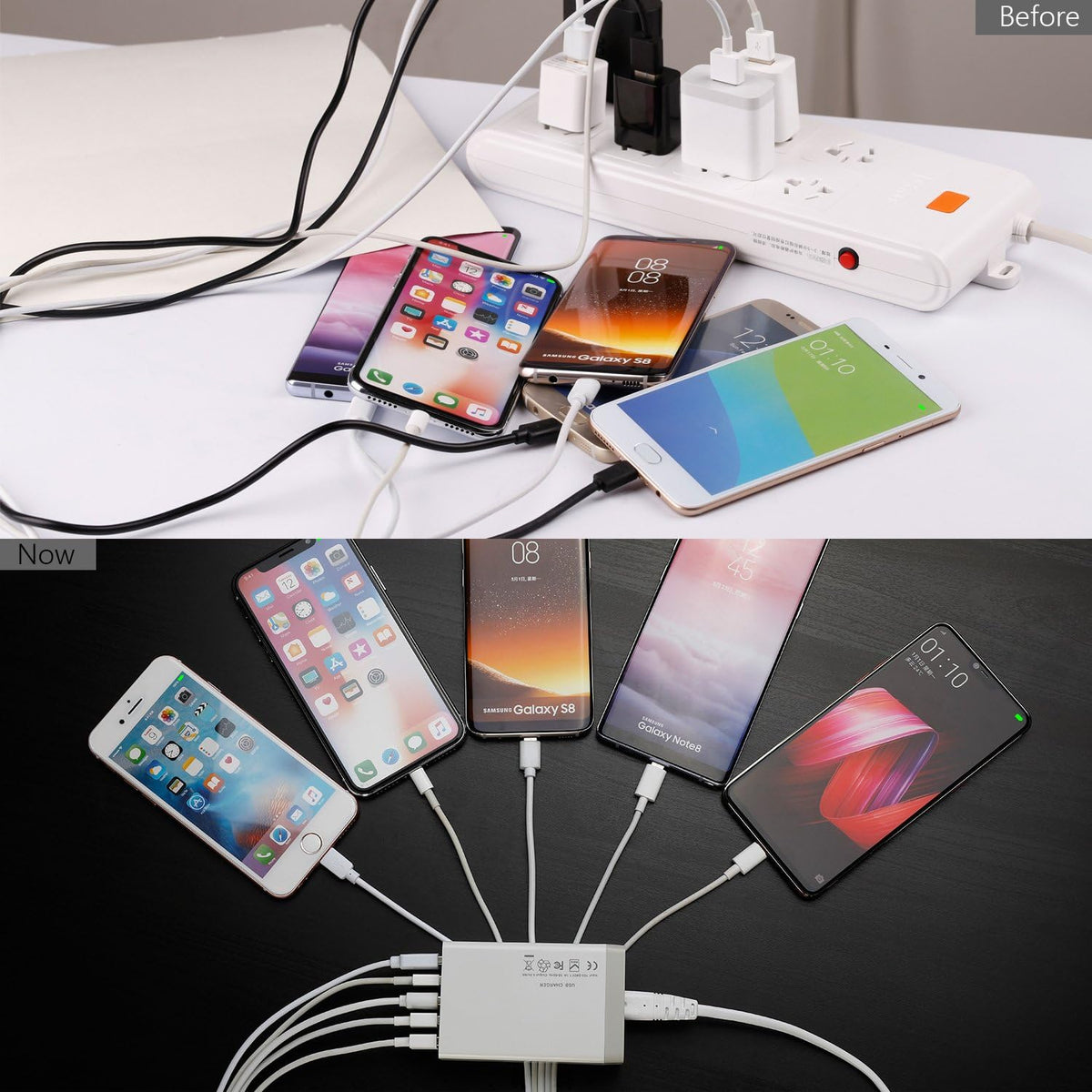 Bamboo Charging Stations with 5 Port USB Charger & 5 Cables