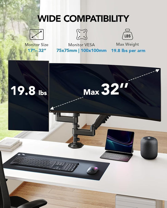 17-32 Inch Dual Monitor Stand, Stacked Monitor Mount, Monitor Arms for 2 Monitors, Ergonomic Adjustable Tilt/Swivel/Rotate, Weight Max 19.8 lbs, VESA 75/100mm