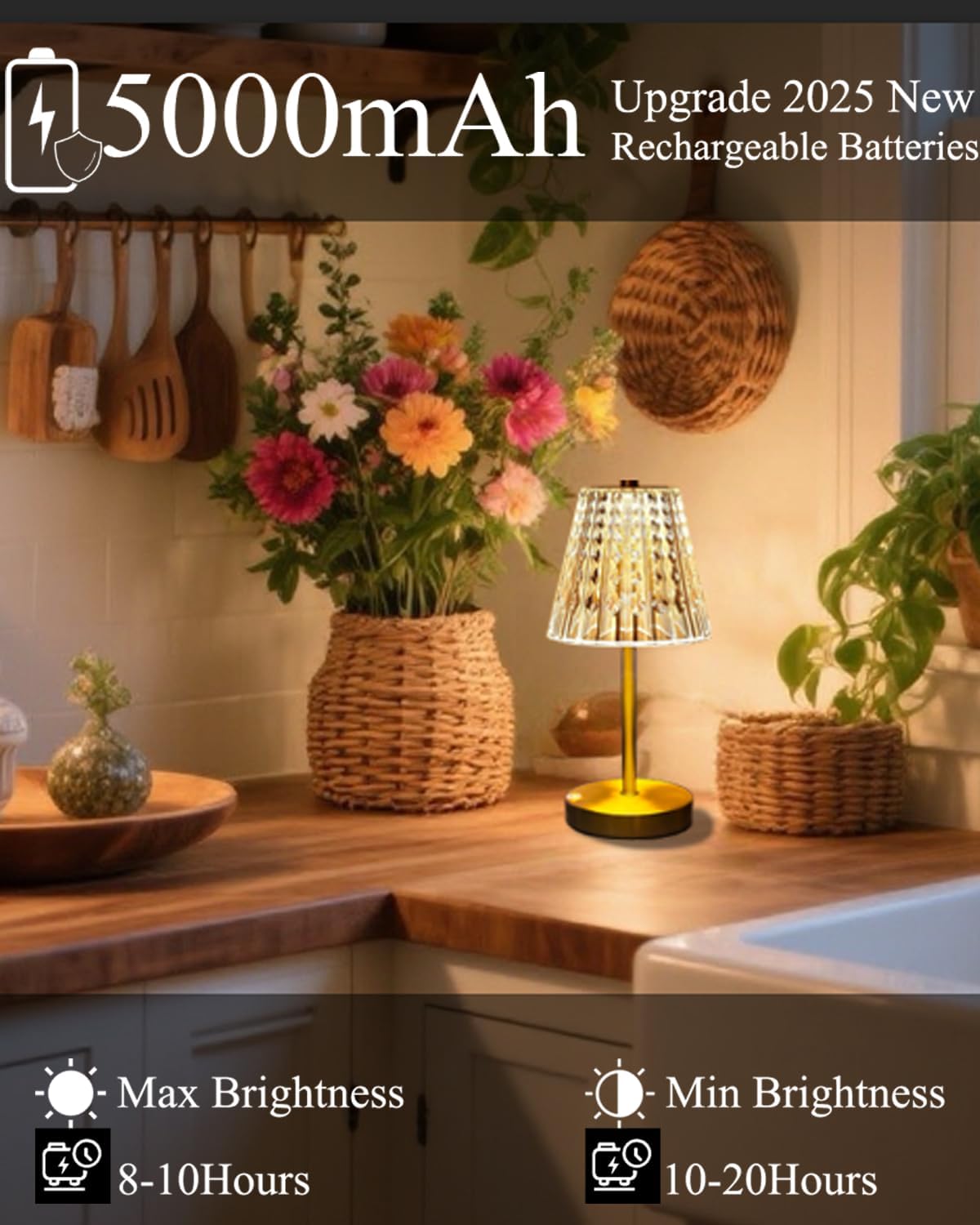 Black Cordless Table Lamp Rechargeable,Small Battery Powered Lamp 5000mAh,Mini Wireless Table Lamp for Restaurant Dining Tabletop/Kitchen Counter Top/Bathroom Shower/No Cord Touch Lamp Decorative