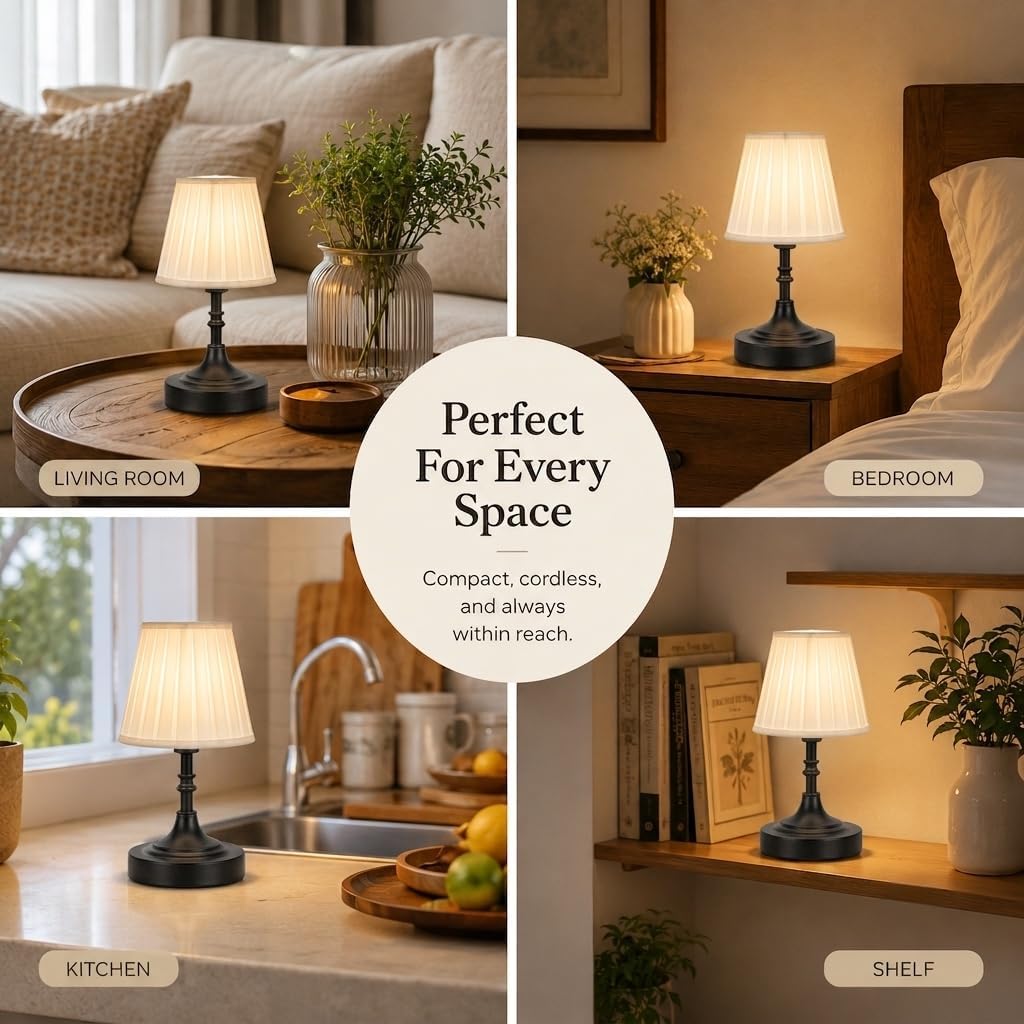 Black Cordless Table Lamp Rechargeable,Small Battery Powered Lamp 5000mAh,Mini Wireless Table Lamp for Restaurant Dining Tabletop/Kitchen Counter Top/Bathroom Shower/No Cord Touch Lamp Decorative