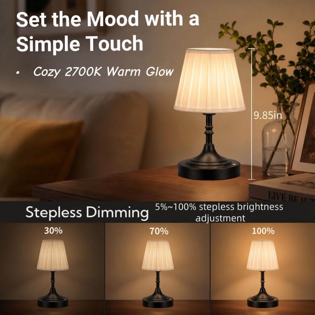 Black Cordless Table Lamp Rechargeable,Small Battery Powered Lamp 5000mAh,Mini Wireless Table Lamp for Restaurant Dining Tabletop/Kitchen Counter Top/Bathroom Shower/No Cord Touch Lamp Decorative