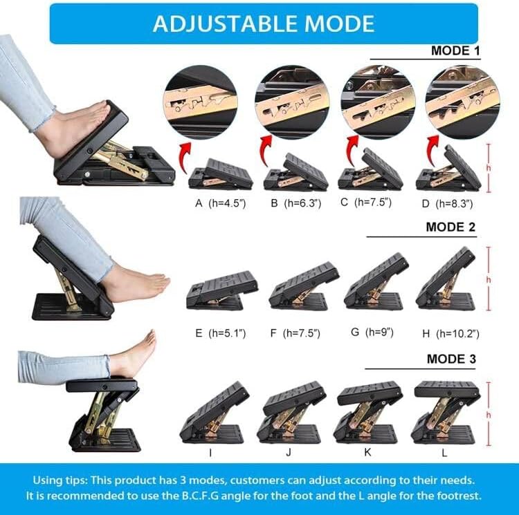 Under Desk Footrest, 4-Level Height Adjustable 12Modes Foldable Footrest