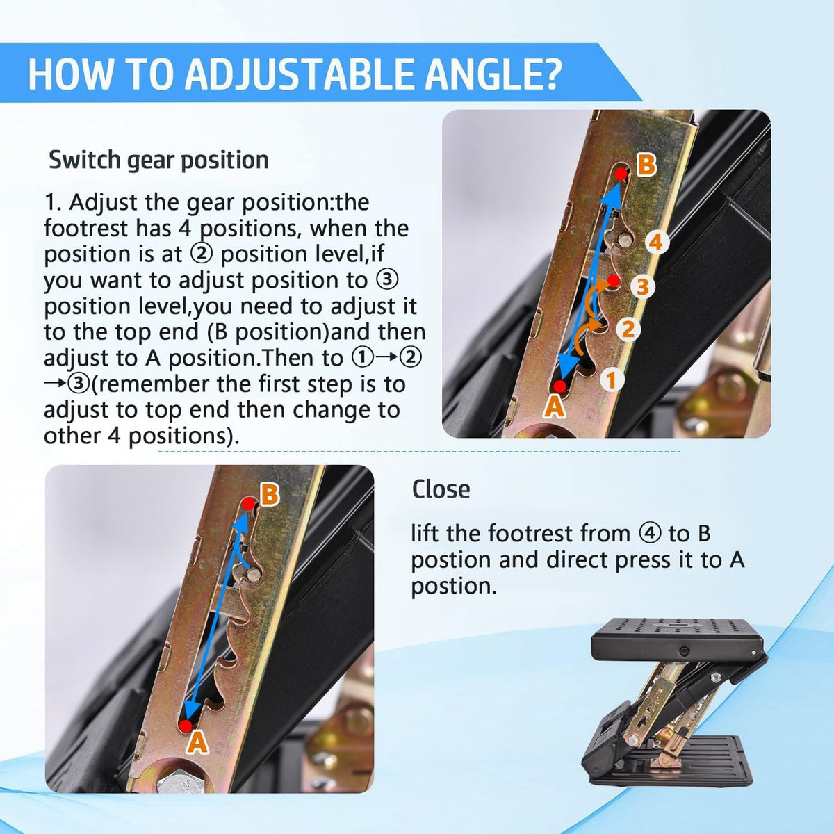 Under Desk Footrest, 4-Level Height Adjustable 12Modes Foldable Footrest