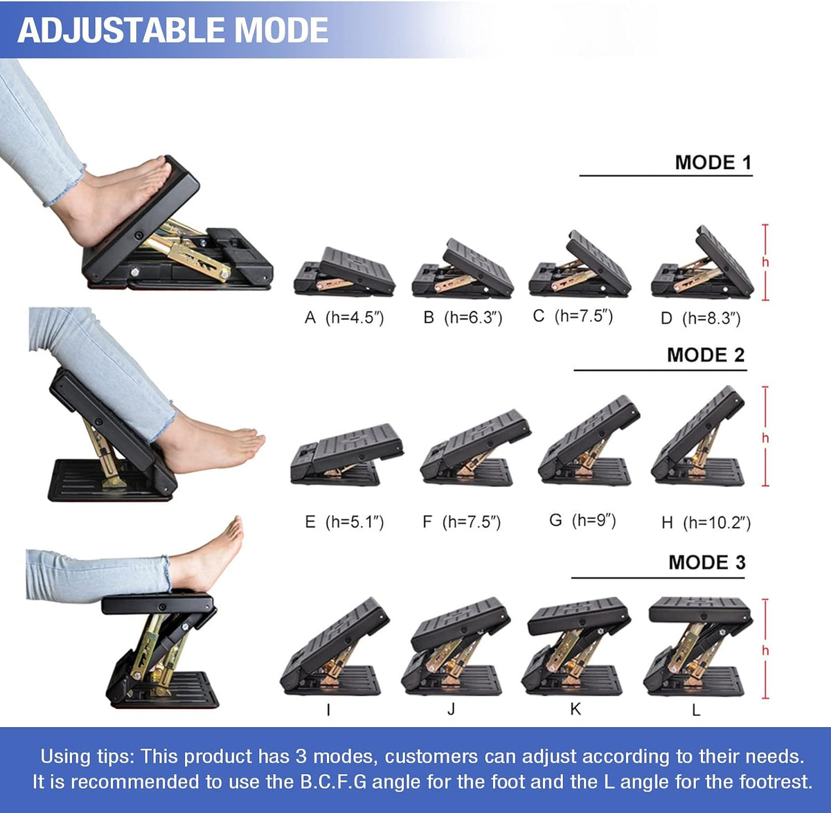 Under Desk Footrest, 4-Level Height Adjustable 12Modes Foldable Footrest