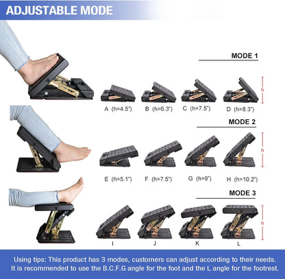 Under Desk Footrest, 4-Level Height Adjustable 12Modes Foldable Footrest