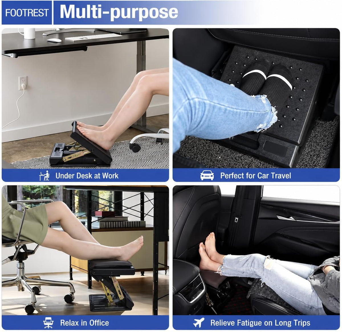 Under Desk Footrest, 4-Level Height Adjustable 12Modes Foldable Footrest