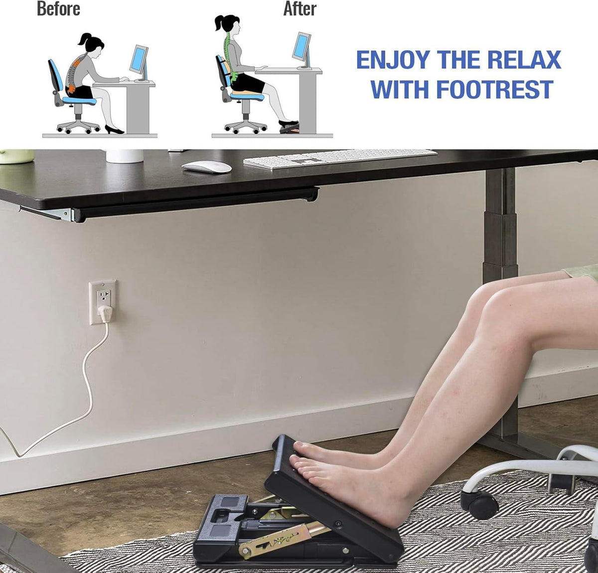 Under Desk Footrest, 4-Level Height Adjustable 12Modes Foldable Footrest