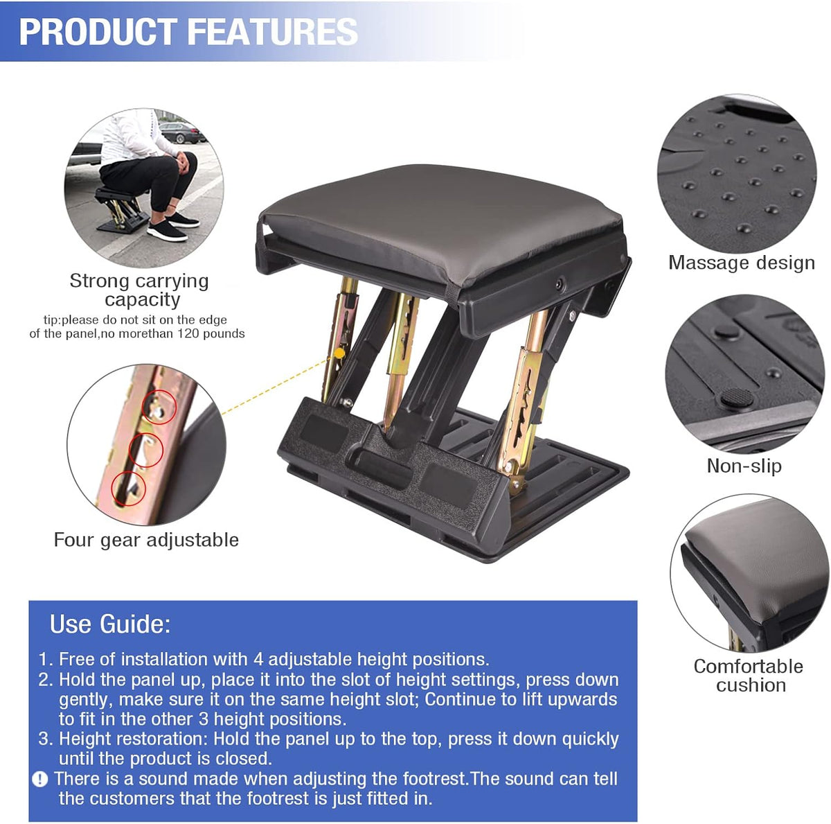 Under Desk Footrest, 4-Level Height Adjustable 12Modes Foldable Footrest