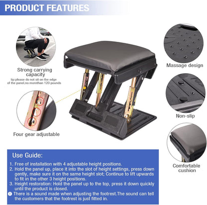 Under Desk Footrest, 4-Level Height Adjustable 12Modes Foldable Footrest