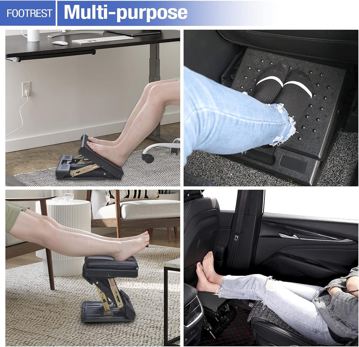 Under Desk Footrest, 4-Level Height Adjustable 12Modes Foldable Footrest