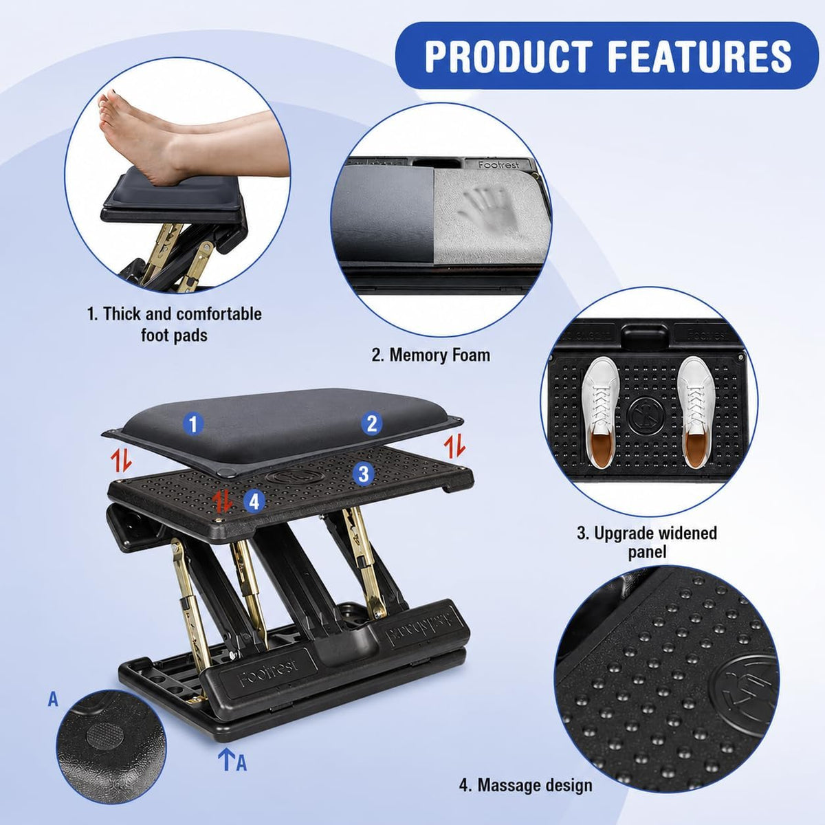 Under Desk Footrest, 4-Level Height Adjustable 12Modes Foldable Footrest