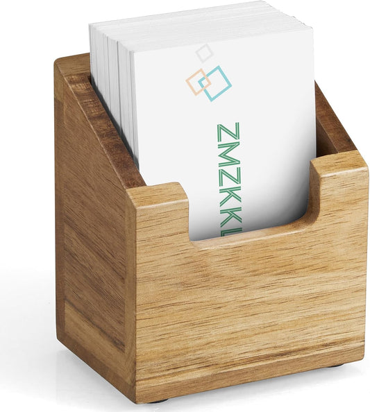 Acacia Wood Business Card Holder for Desk - Vertical Business Card Display Stand - Wooden Business Card Organizer for Office Tabletop Desktop