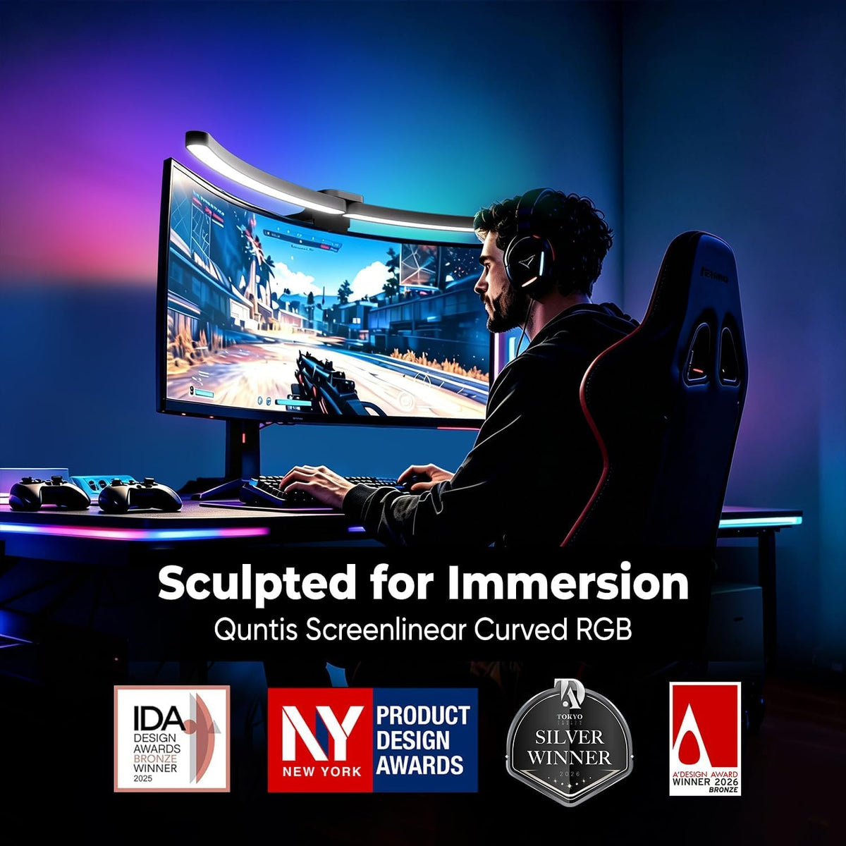Curved Monitor Light Bar 15 RGB Backlight for 34"+ Screens, Computer Bar Lights Foldable Dual Light with Color Temperature Brightness Stepless Dimming, No Glare Desk Lamp for Home Office Gaming