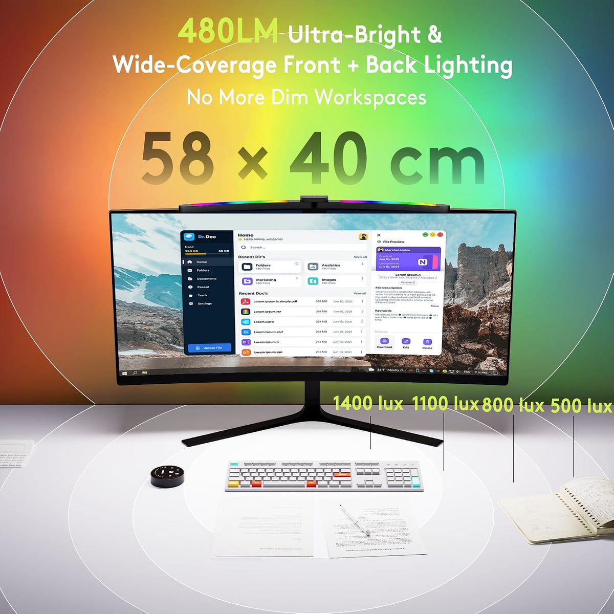 Curved Monitor Light Bar 15 RGB Backlight for 34"+ Screens, Computer Bar Lights Foldable Dual Light with Color Temperature Brightness Stepless Dimming, No Glare Desk Lamp for Home Office Gaming