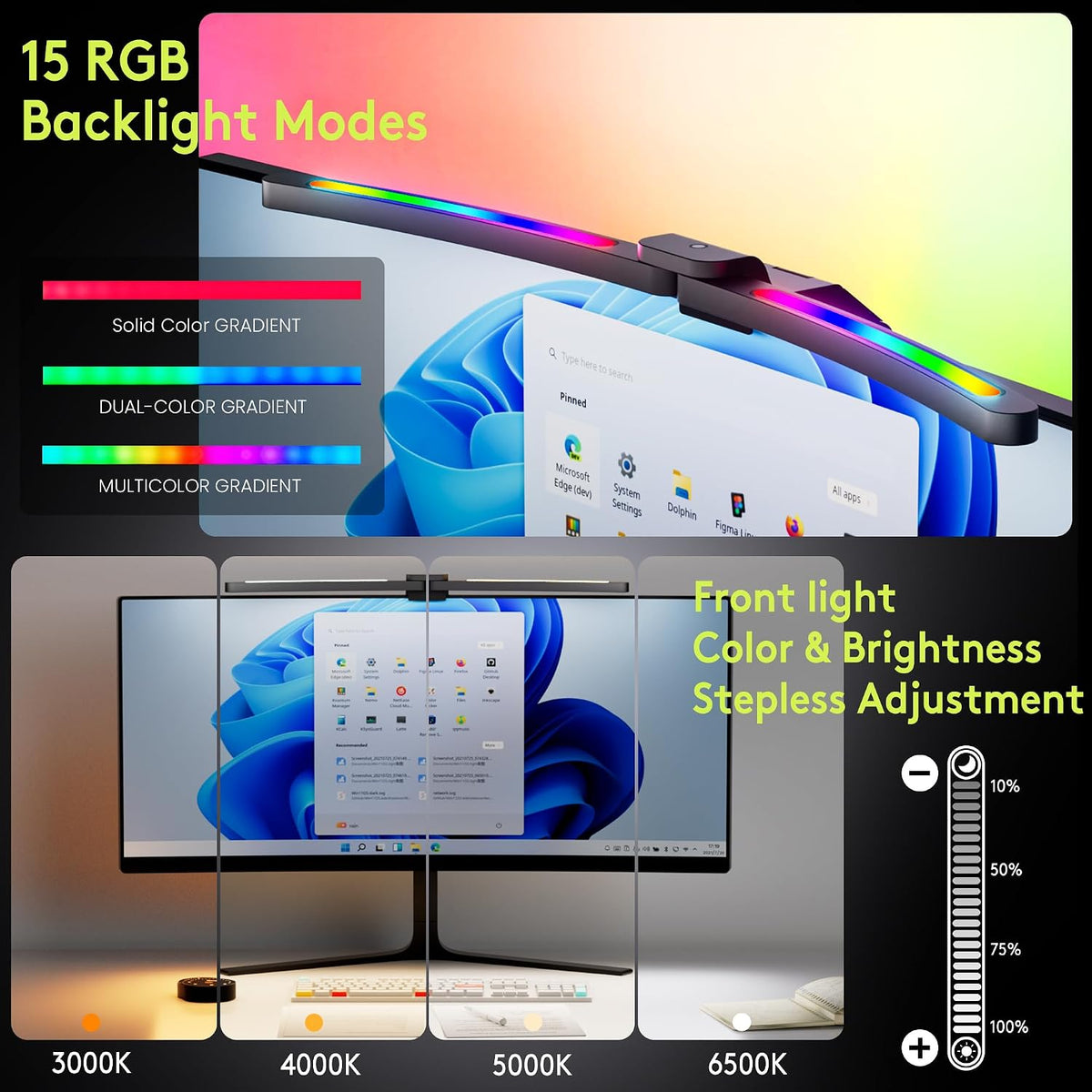 Curved Monitor Light Bar 15 RGB Backlight for 34"+ Screens, Computer Bar Lights Foldable Dual Light with Color Temperature Brightness Stepless Dimming, No Glare Desk Lamp for Home Office Gaming