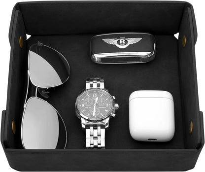 Faux Leather Valet Tray Organizer for Men - Catch-All Tray for Entryway Table Key, Wallet, Watch, Coin Change, Phone, Dresser EDC Dump Jewelry, Bedside Nightstand Desk-top