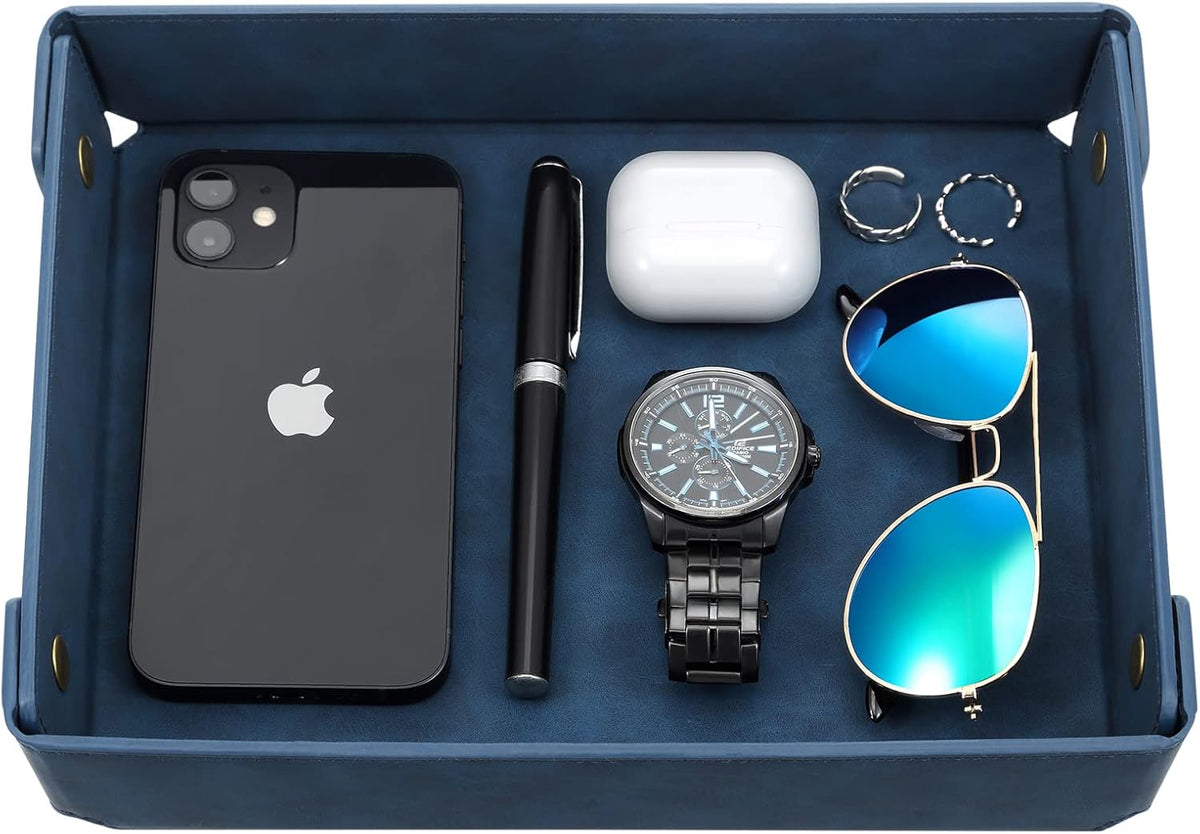 Faux Leather Valet Tray Organizer for Men - Catch-All Tray for Entryway Table Key, Wallet, Watch, Coin Change, Phone, Dresser EDC Dump Jewelry, Bedside Nightstand Desk-top