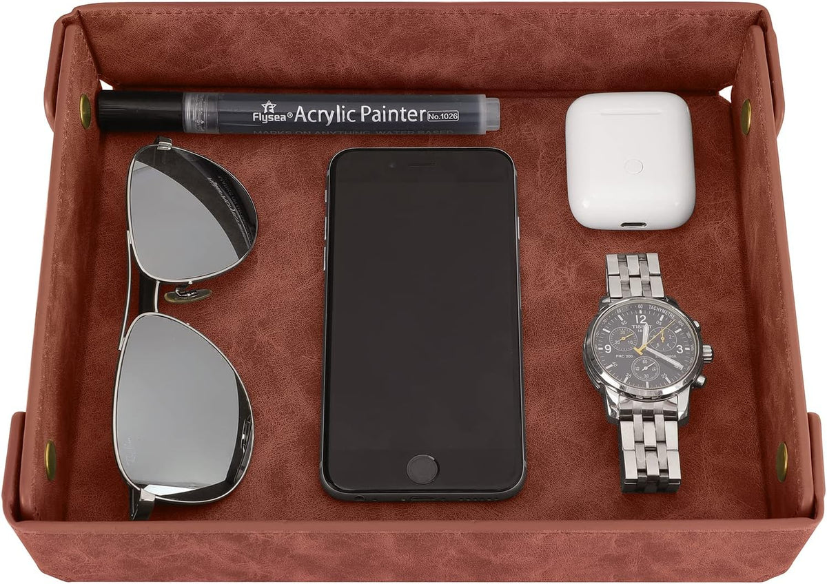 Faux Leather Valet Tray Organizer for Men - Catch-All Tray for Entryway Table Key, Wallet, Watch, Coin Change, Phone, Dresser EDC Dump Jewelry, Bedside Nightstand Desk-top