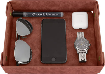 Faux Leather Valet Tray Organizer for Men - Catch-All Tray for Entryway Table Key, Wallet, Watch, Coin Change, Phone, Dresser EDC Dump Jewelry, Bedside Nightstand Desk-top