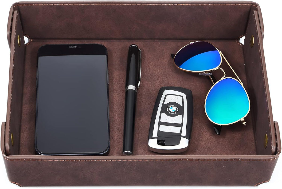 Faux Leather Valet Tray Organizer for Men - Catch-All Tray for Entryway Table Key, Wallet, Watch, Coin Change, Phone, Dresser EDC Dump Jewelry, Bedside Nightstand Desk-top
