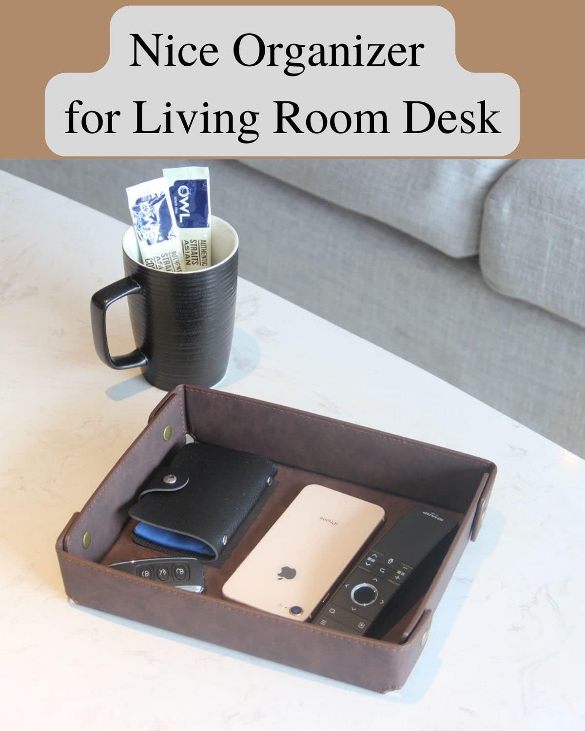 Faux Leather Valet Tray Organizer for Men - Catch-All Tray for Entryway Table Key, Wallet, Watch, Coin Change, Phone, Dresser EDC Dump Jewelry, Bedside Nightstand Desk-top