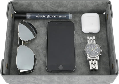 Faux Leather Valet Tray Organizer for Men - Catch-All Tray for Entryway Table Key, Wallet, Watch, Coin Change, Phone, Dresser EDC Dump Jewelry, Bedside Nightstand Desk-top