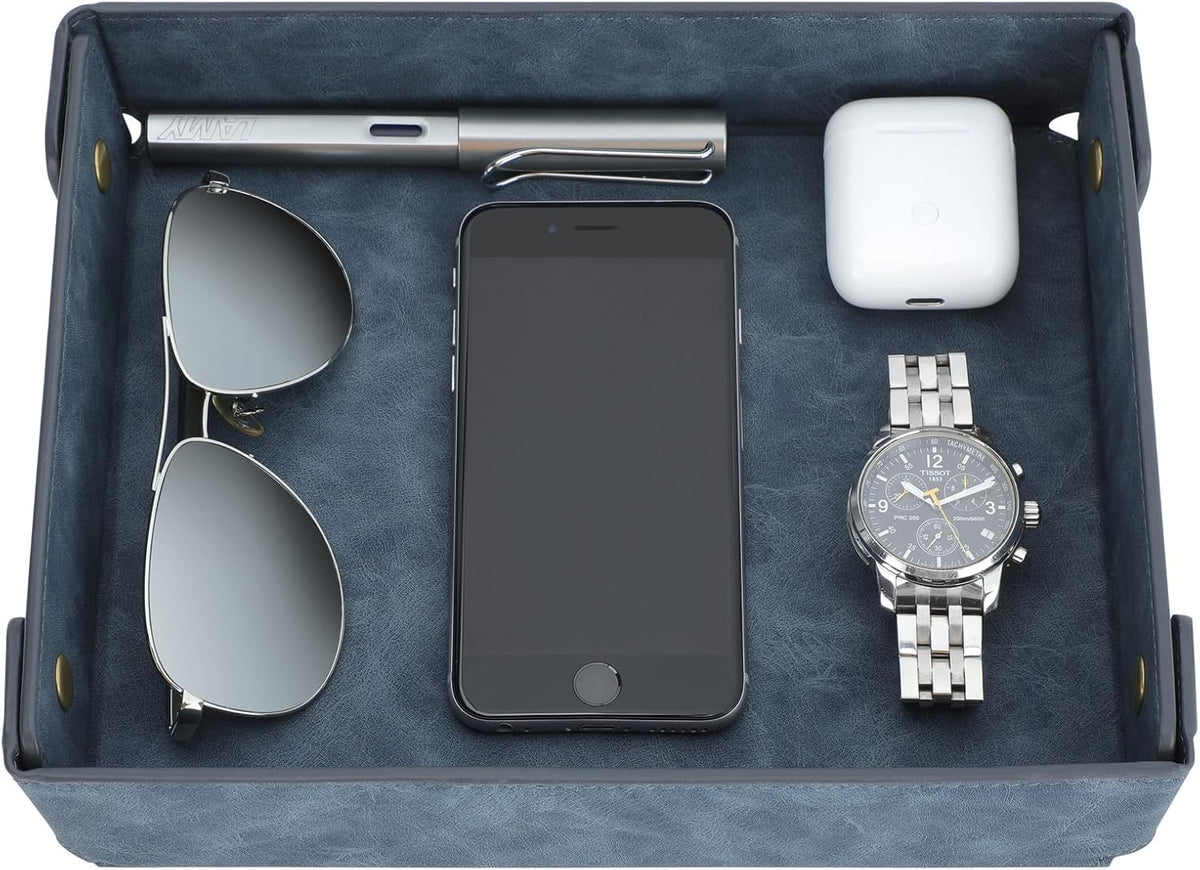 Faux Leather Valet Tray Organizer for Men - Catch-All Tray for Entryway Table Key, Wallet, Watch, Coin Change, Phone, Dresser EDC Dump Jewelry, Bedside Nightstand Desk-top