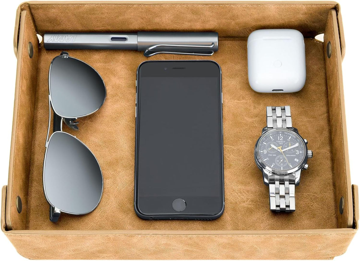 Faux Leather Valet Tray Organizer for Men - Catch-All Tray for Entryway Table Key, Wallet, Watch, Coin Change, Phone, Dresser EDC Dump Jewelry, Bedside Nightstand Desk-top