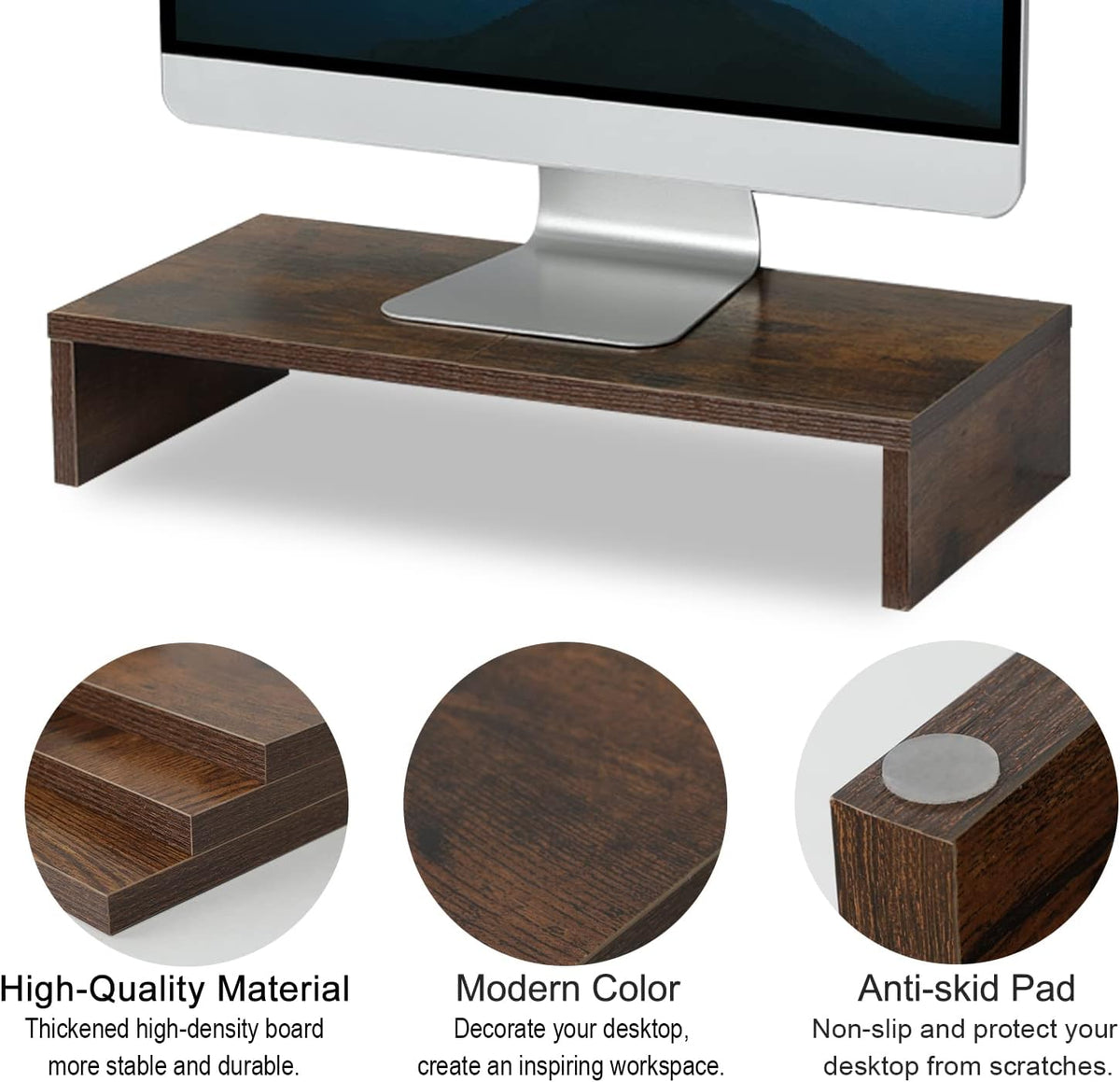 20 inch Wood Monitor Stand Riser, Desktop Riser Shelf, Rustic Brown