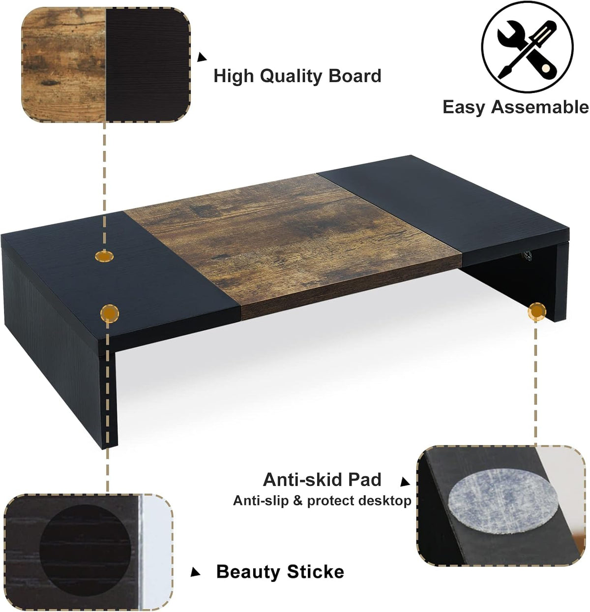 20 inch Wood Monitor Stand Riser, Desktop Riser Shelf, Rustic Brown
